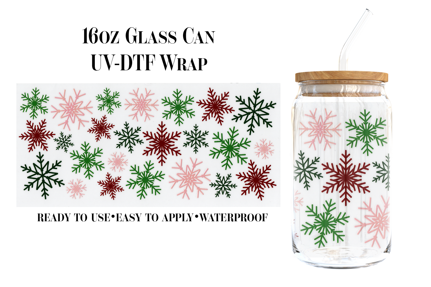 #125) Red Green Snowflakes UVDTF 16oz Wrap